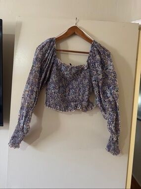 Smocked Lavender Floral Long-Sleeve Crop Top